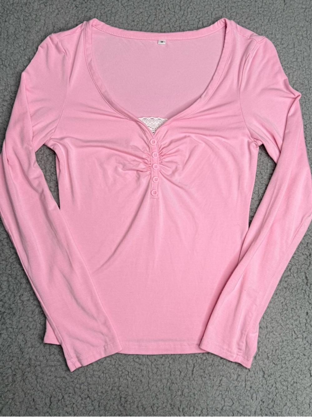Pink ruched henley long sleeve top lace inset fitted soft girl size M